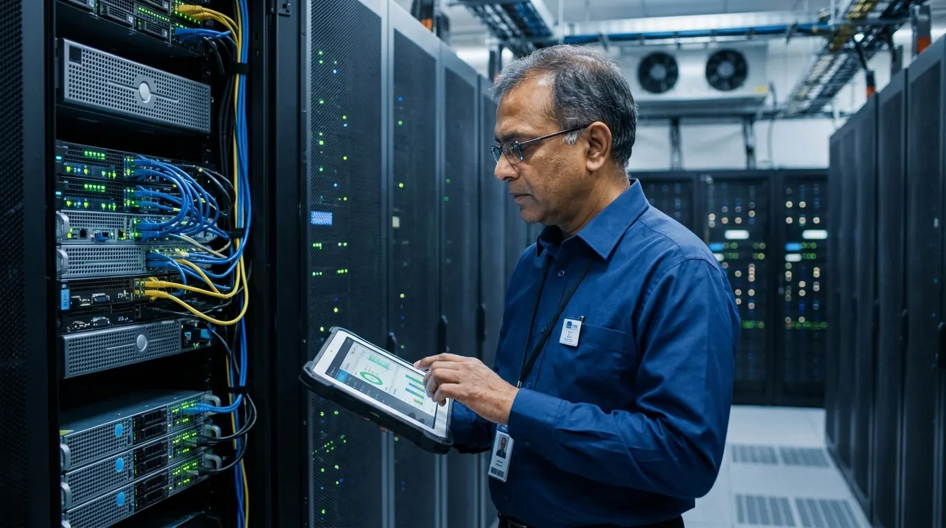 Leonis engineer at a server rack