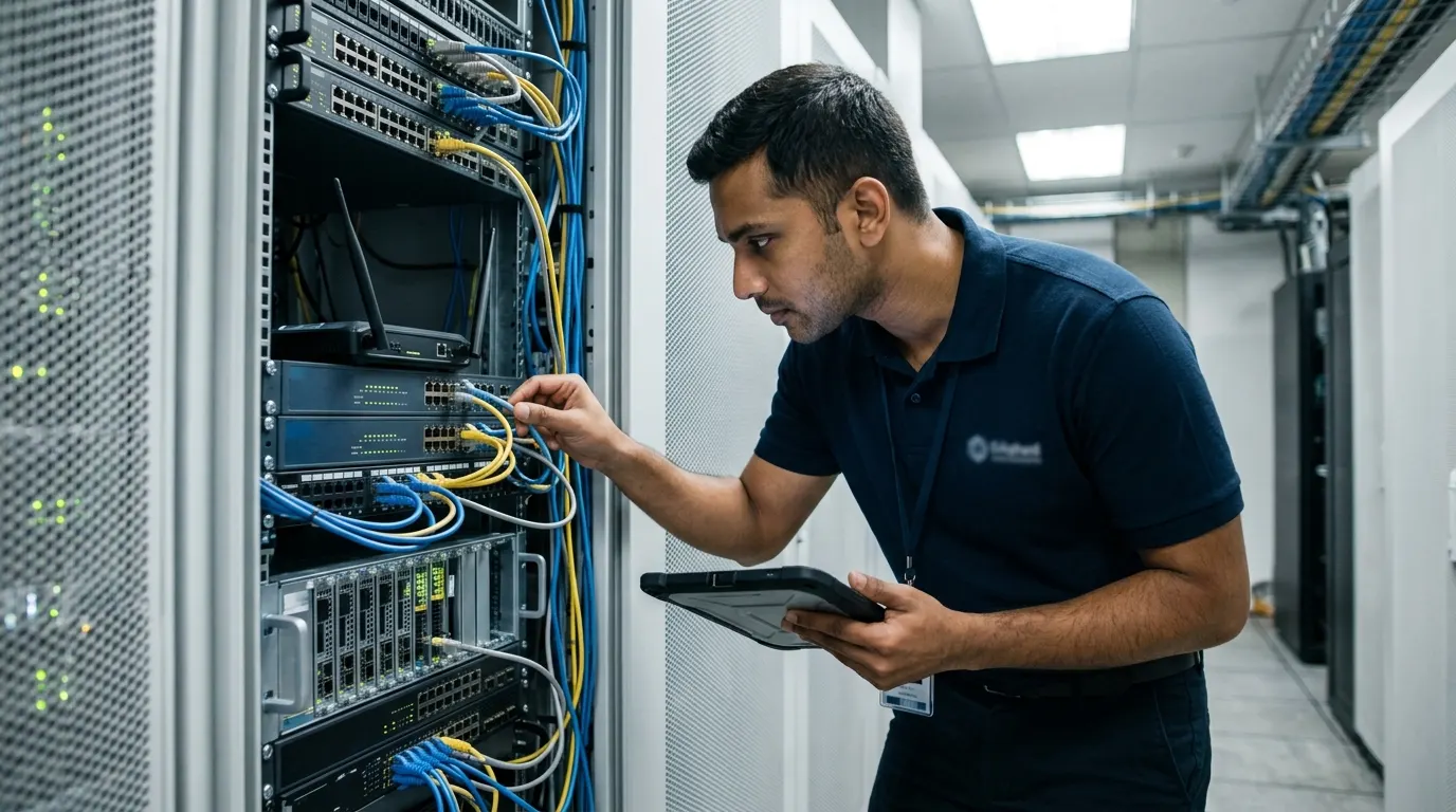 Leonis field engineer testing network cabling